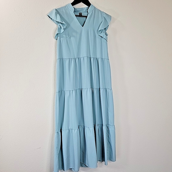 Shein Tiered Ruffle Maxi Dress Blue Womens XS Runs Big Flutter Sleeve - Picture 2 of 7